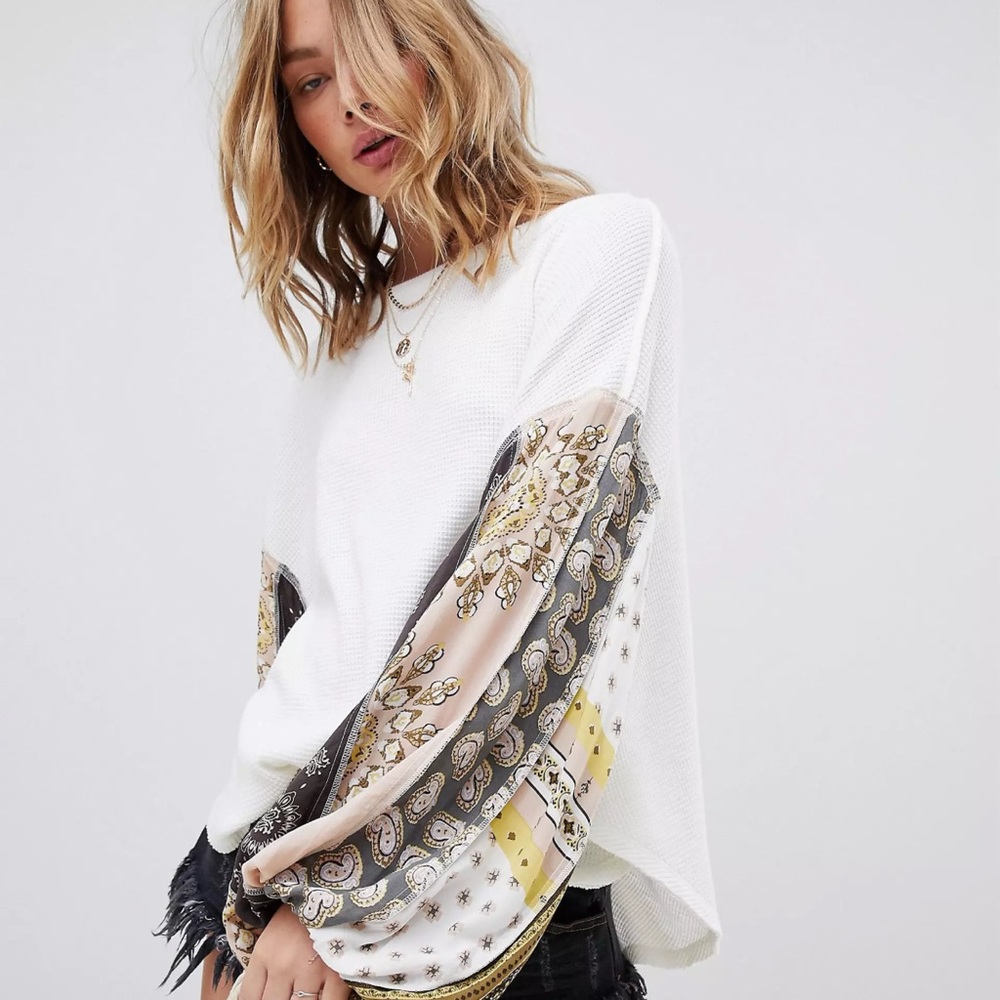 Free People Patchwork Sleeve Waffle Top